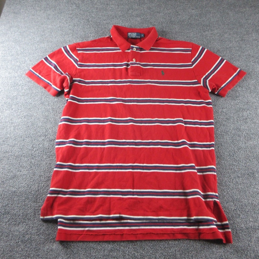 Polo Ralph Lauren Shirt Mens L Red Striped Button Up Short Sleeve Pony Preppy